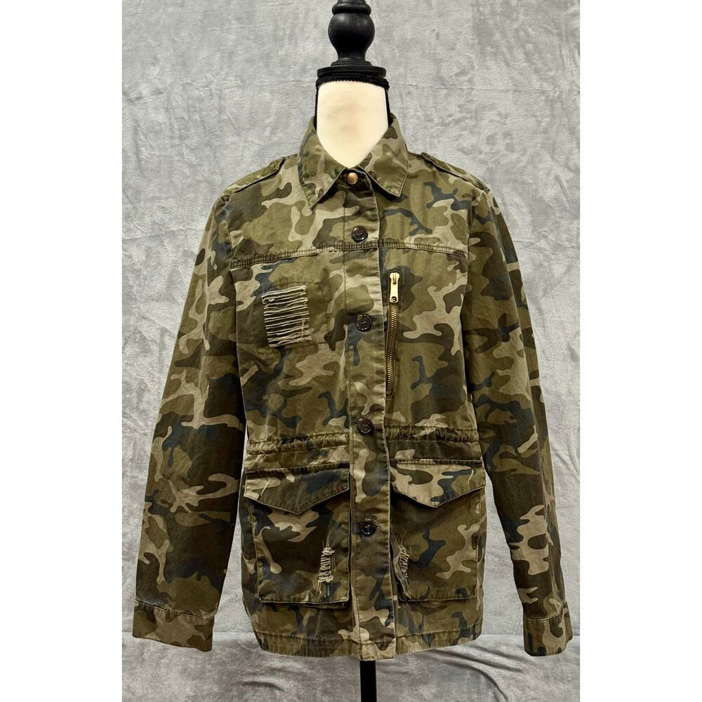 Y2K Love Tree Camo Utility Jacket Grunge Distressed Cotton Medium Zip Drawstring